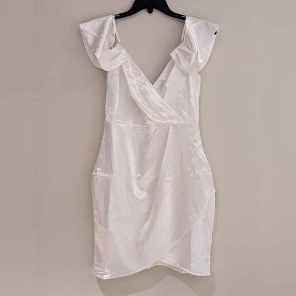Lulu's White Satin Off-the-Shoulder Tulip Mini Dress - Picture 1 of 3